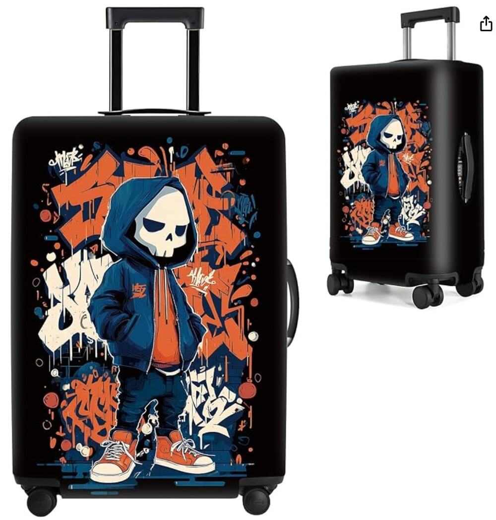 Street Art Skeleton Luggage Cover, Luggage Protector, Suitcase Cover- Black